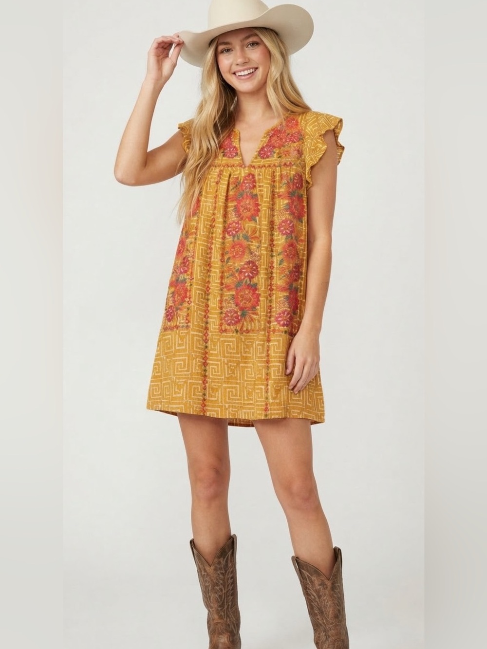 Savanna Jane Embroidered Boho Babydoll Mini Dress Yellow Medium M Western